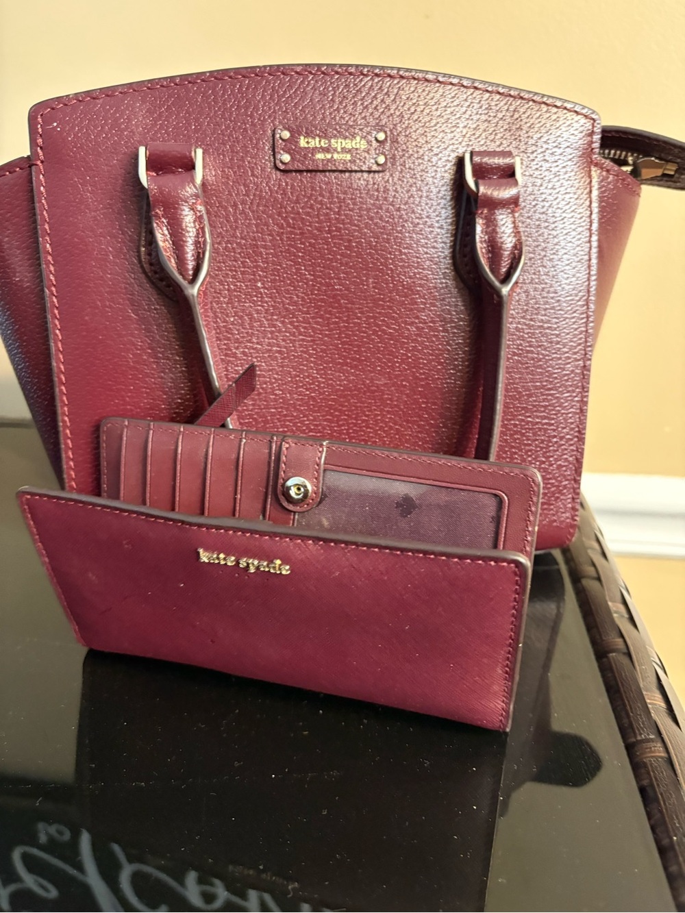 kate spade wine saffiano leather tote with matching wallet